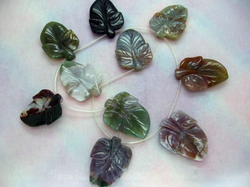 10 Pcs Large Fine Carved Leaf Indian Agate Gemstone Beads 16 Inch Strand image 1