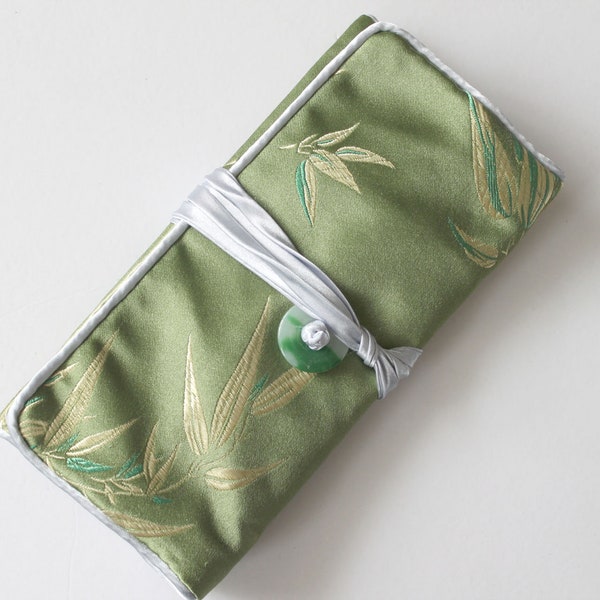 Beautiful Brocade Travel Jewellery Roll, Travel Jewelry Case, Bamboo Print Jewelry Roll