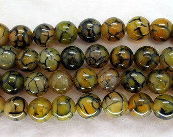 Yellow Black Dragon Veins Agate Smooth Round Beads 14mm