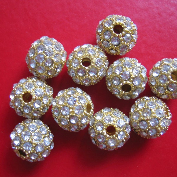 12mm Stunning Dazzling Swarovski Rhinestone Gold Filigree Round Beads - Set of 10