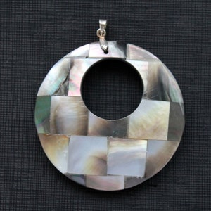 Large Round Shell Mosaic Black White Tile Pendant