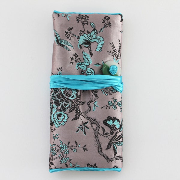 Beautiful Tree Bird Brocade Travel Jewellery Roll, Travel Jewelry Case