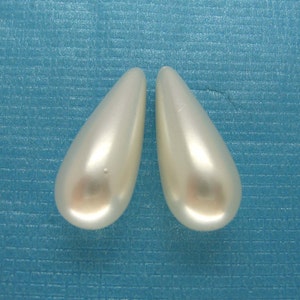 2 Pcs Half Drilled White Shell Pearl Long Teardrop Beads 20x8mm, 30x8mm image 1