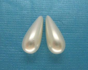 2 Pcs Half Drilled White Shell Pearl Long Teardrop Beads 20x8mm, 30x8mm