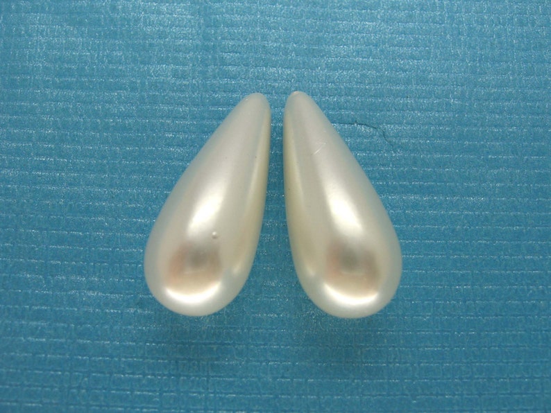 2 Pcs Half Drilled White Shell Pearl Long Teardrop Beads 20x8mm, 30x8mm image 1