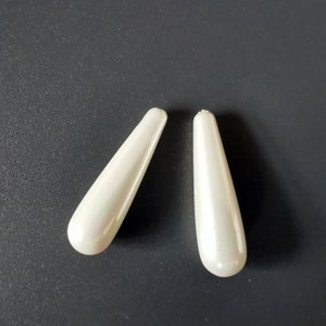 2 Pcs Half Drilled White Shell Pearl Long Teardrop Beads 20x8mm, 30x8mm image 3