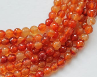 Beautiful Orange Red Agate Faceted Round Gemstone Beads Strand 10mm