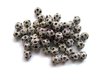 10 Pcs Dazzling Ruby Swarovski Rhinestone Silver Filigree Rondelle Beads