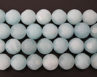 Beautiful Frosted Aqua Blue Jade Round Semi Faceted Beads 12mm