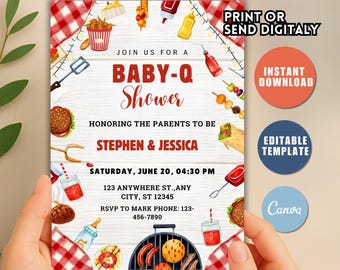 Bearbeitbare Baby-Q-Babyparty-Einladung, Grill im Garten (Canva-Vorlage)