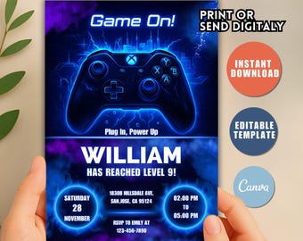 May include: A blue and purple video game-themed invitation with the text "Game On!" and a glowing controller graphic. The invitation includes the name "WILLIAM" and event details. It also says "Print or Send Digitaly".