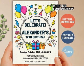 Modèle d'invitation d'anniversaire modifiable | Invitation colorée à une fête d'enfants (téléchargement numérique)