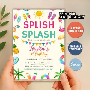 Editable Splish Splash Birthday Invitation Pool Party Birthday Invitation Girly Splash Pad Water Slide Paddling Pool Summer Party G45