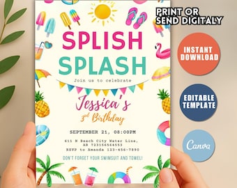 Splish Splash Birthday Invitation, Girly Pool Party (Editable Template)