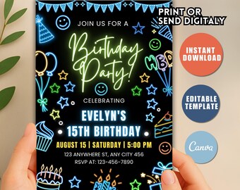 faire-part d'anniversaire néon | Fête luminescente, modèle de toile modifiable