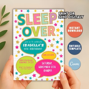Puede incluir: Una colorida invitación a una fiesta de pijamas de cumpleaños con las palabras "Sleep Over" en letras grandes y brillantes. La invitación incluye detalles como la fecha, la hora y el lugar, con estrellas y bocadillos. La invitación está diseñada para ser impresa o enviada digitalmente.