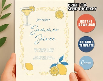 Lemon Martini Birthday Invite, Adult Birthday Canva Template, Blue & Yellow Editable Party Invitation, Lemon Drop Martini Digital Download