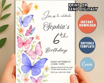 Pink Purple Butterfly Birthday Invitation, Floral Invite (Editable, Digital Download)
