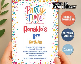 Pode incluir: Um convite colorido para uma festa de aniversário com as palavras "Party Time" e "8º Aniversário de Ronaldo". O convite inclui detalhes do evento e a opção de imprimir ou enviar digitalmente. Também oferece download instantâneo e um modelo editável.