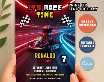 Invitación de cumpleaños editable de coche de carreras, fiesta de carreras, invitación de coche de carreras deportivo, invitación para niños, cumpleaños de coche, plantilla Canva J88