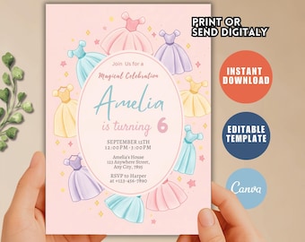 Princess Birthday Invitation Once Upon a Time Princess Dresses Invite Royal Girl Pink Dress Up Party Magical Celebration EDITABLE H77
