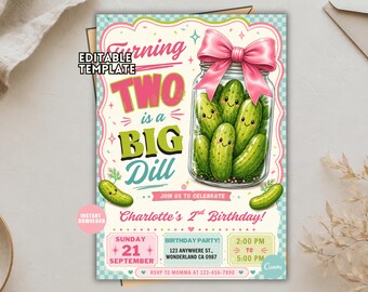 Invitation d'anniversaire sur le thème des cornichons, Fête des deux ans sur le thème des cornichons, Invitation pour une petite fille cornichon, Invitation d'anniversaire pour enfants sur le thème des cornichons, Canva modifiable