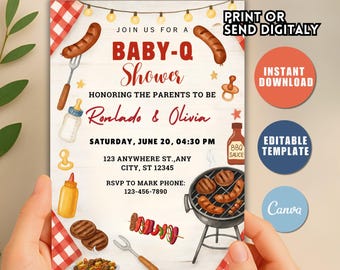 Baby-Q Partyeinladung, Grillparty im Garten, Unisex Template (Canva)