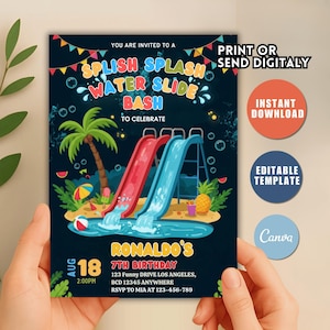 Editable Waterslide Birthday Invitation, Water Slide Invitation, Boy Girl Splash Party Invite, Water Slide Bash, Canva Invitation Template