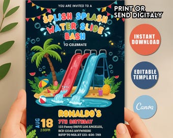 Verjaardagsuitnodiging glijbaan, splashparty, canvasjabloon (digitale download)