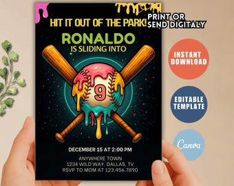 Baseball Ice Cream Birthday Invitation, Editable Neon Party (Digital Download)