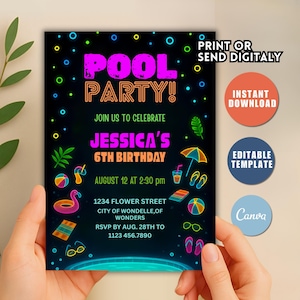 Neon Pool Party Birthday Invitation Boys Blue pink Summer Invite Glow Pool Party Canva Swim Party birthday invitation Instant Download D34