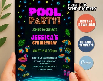 Neon Pool Party Birthday Invitation, Editable Canva Template (Digital Download)