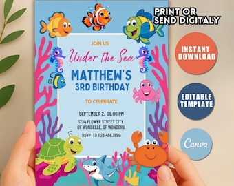 Under The Sea Birthday Invitation, Ocean Animals, Editable Template (Instant Download)