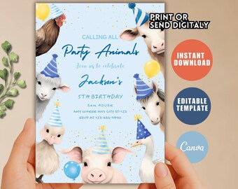 Farm Animals Birthday Invitation, Barnyard Party, Editable Template (Digital Download)