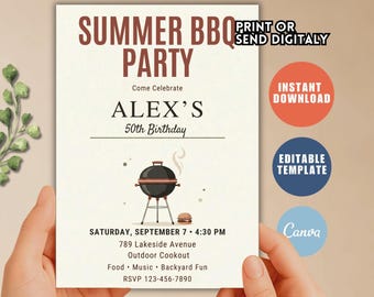 Invitation à une soirée barbecue estivale modifiable : 50e anniversaire d'Alex (téléchargement numérique)