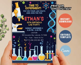 Faire-part d'anniversaire Science folle, fête de laboratoire néon, modèle de toile modifiable (téléchargement numérique