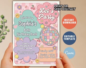 Les dix modifiables sont une invitation visage souriant à carreaux vibe, invitation emoji groovy rétro pour 10e anniversaire, fête disco hippie, téléchargement imprimable