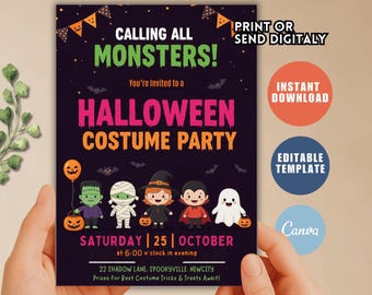 Monsters Halloween Costume Party Invitation, Spooky Birthday Card (Editable Digital Download)