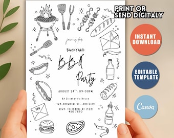 Editable BBQ Birthday Party Invitation, Green Gingham (Digital Download)