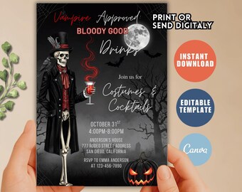 Faire-part d'Halloween squelette vintage, cocktails et déguisements (téléchargement numérique)
