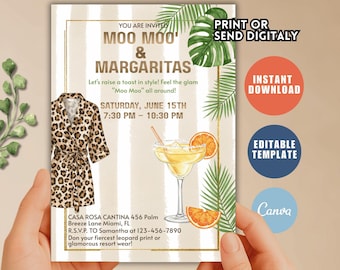 Moo Moos and Margaritas Invitation, Ladies Night, Leopard Pajama Party (Editable Canva)