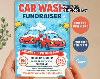 Modèle numérique 5 x 7 d'invitation d'anniversaire pour lave-auto pour enfants, téléchargement immédiat Z77 rouge bleu