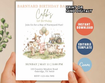 Editable Tractor Birthday Invitation, Farm Animals Party Invite (Digital Download)