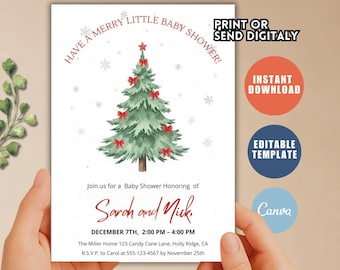 May include: A baby shower invitation with a Christmas tree design. The invitation reads "Have a Merry Little Baby Shower!" and includes details for Sarah and Nick's baby shower on December 7th. The invitation also has the text "Print or Send Digitaly".
