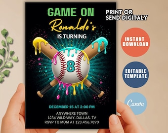 Invitación de cumpleaños de béisbol, plantilla editable de Canva, invitación digital de cumpleaños de béisbol, acceso y descarga instantáneos.