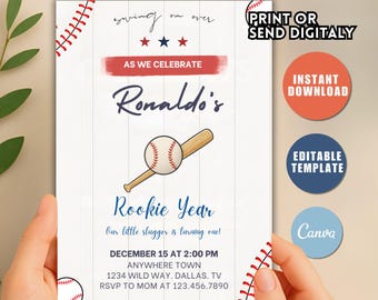 Baseball-Geburtstags-Einladungsvorlage, Vintage-Rookie-Jahr (digital bearbeitbare Canva-Vorlage)