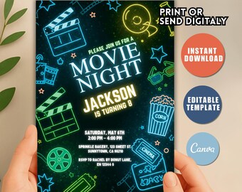 Editable Movie Night Birthday Invitation, Cinema Theme (Canva Template)