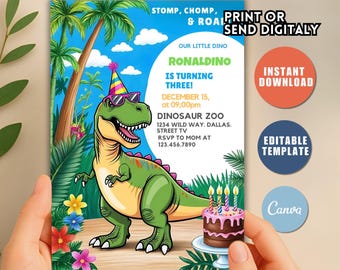 Dinosaur Birthday Party Invitation Template, Dinosaur Birthday Invitation, Editable Jurassic Dinosaur Party Editable Digital Template J54