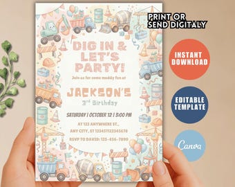 Construction Birthday Invitation: Digger, Dump Truck Party (Digital Download)