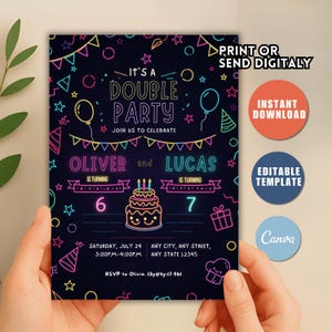 May include: A black birthday party invitation with neon-colored text and graphics. The invitation reads "It's a Double Party" and includes details for Oliver and Lucas's birthdays, including their ages, date, time, and location.